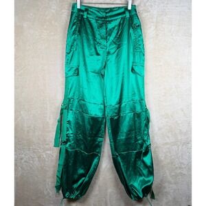 Rosevelvet Emerald Green Satin Cargo Pants D-Ring Bungee Hem Womens L Festival